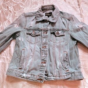 Stradivarius Light Blue Jean Jacket Distressed Throughout - Size SMALL